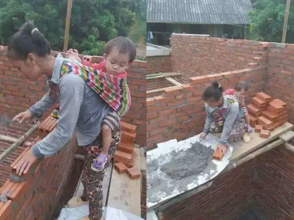Check out photos of a woman building a house with her baby strapped to her back